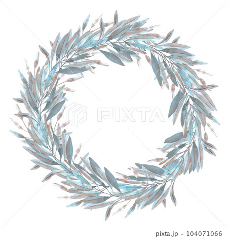 Hand drawn watercolor blue and copper leaves wreath. Isolated on white. Can be used for cards, banners, invitations, label. Hand drawn watercolor blue and copper leaves wreath. Isolated on white. Can be used for cards, banners, invitations, label. 104071066