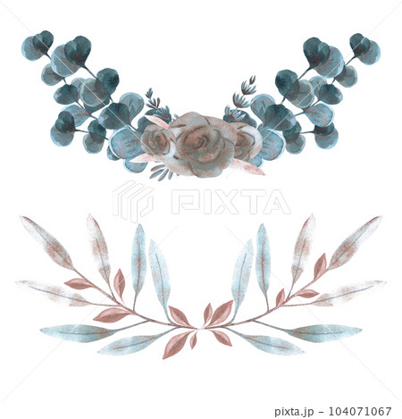 Hand drawn watercolor blue flowers and leaves wreath. Isolated on white. Can be used for cards, patterns, invitations, label. 104071067