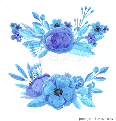 Hand drawn watercolor blue flowers, leaves and berries composition. Isolated on white. Can be used for cards, patterns, invitations, label. Hand drawn watercolor blue flowers, leaves and berries composition. Isolated on white. Can be used for cards, patterns, invitations, label. 104071073