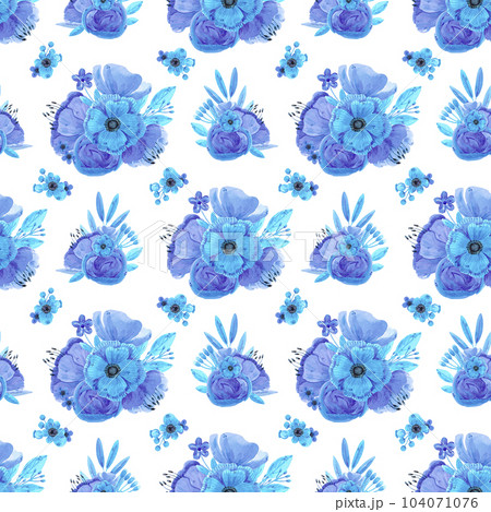 Hand drawn watercolor blue flowers and leaves bouquet in a cup seamless pattern. Isolated on white. Can be used for textile, patterns, fabric, gift-wrapping. Hand drawn watercolor blue flowers and leaves bouquet in a cup seamless pattern. Isolated on white. Can be used for textile, patterns, fabric, gift-wrapping. 104071076