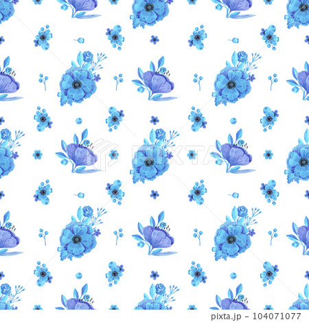 Hand drawn watercolor blue flowers and leaves bouquet in a cup seamless pattern. Isolated on white. Can be used for textile, patterns, fabric, gift-wrapping. Hand drawn watercolor blue flowers and leaves bouquet in a cup seamless pattern. Isolated on white. Can be used for textile, patterns, fabric, gift-wrapping. 104071077
