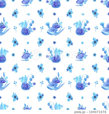 Hand drawn watercolor blue flowers and leaves bouquet in a cup seamless pattern. Isolated on white. Can be used for textile, patterns, fabric, gift-wrapping. Hand drawn watercolor blue flowers and leaves bouquet in a cup seamless pattern. Isolated on white. Can be used for textile, patterns, fabric, gift-wrapping. 104071078