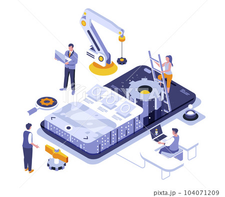 App development landing page vector template. Mobile device software programming website header UI layout with isometric illustration. Gadget application coding web banner isometry concept 104071209