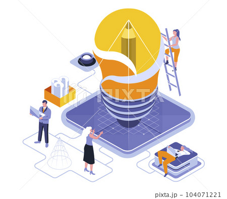 Creative teamwork isometric landing page vector template. Start up development website homepage interface layout illustration layout. Innovative ideas generation web banner isometry concept 104071221