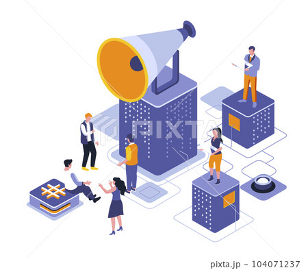 Referral marketing isometric landing page vector template. Advertising business website homepage interface illustration layout. Customers network development web banner isometry concept Referral marketing isometric landing page vector template. Advertising business website homepage interface illustration layout. Customers network development web banner isometry concept 104071237