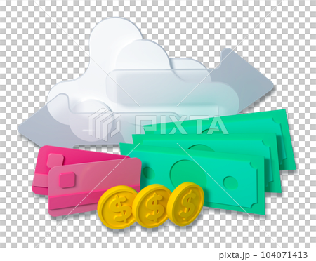 Bank card, coins and banknotes, payment concept, 3d render Bank card, coins and banknotes, payment concept, 3d render 104071413