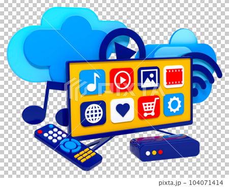 IPTV television set, remote control. 3d concept illustration IPTV television set, remote control. 3d concept illustration 104071414