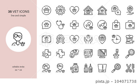 Professional Vet Icons Set. Pet Clinic, Animal Emergency, Hospital, Xray, Grooming, Dental, Hygiene, Recovery, Surgery, Ultrasound, Declawing. Editable Outline Collection. Professional Vet Icons Set. Pet Clinic, Animal Emergency, Hospital, Xray, Grooming, Dental, Hygiene, Recovery, Surgery, Ultrasound, Declawing. Editable Outline Collection. 104071738