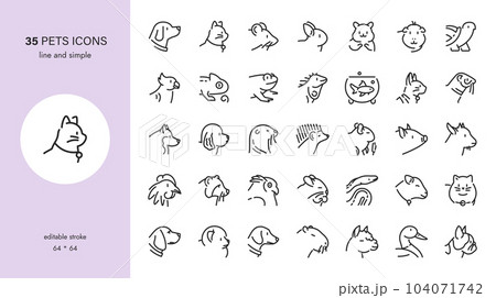 Pets Icons Set. Dog, Cat, Rat, Rabbit, Rodent, Raccoon, Lizard, Pig, Han, Snake, Owl, Otter, Llama, Lamb, Sheep, Hedgehog, Frog, Ferret, Duck. Outline Collection of Domestic, wildlife, Farm Animals. Pets Icons Set. Dog, Cat, Rat, Rabbit, Rodent, Raccoon, Lizard, Pig, Han, Snake, Owl, Otter, Llama, Lamb, Sheep, Hedgehog, Frog, Ferret, Duck. Outline Collection of Domestic, wildlife, Farm Animals. 104071742