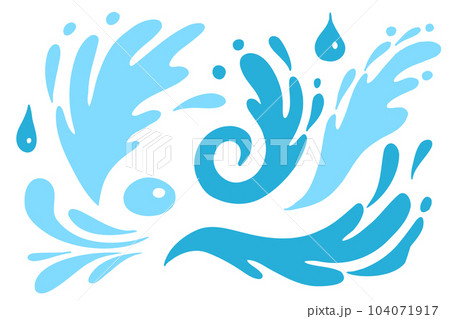 Water splashes line silhouettes set vector illustration. Marine ripples and liquid drip, ocean or sea waves with foam and splatters, spray with water droplets in wavy outline collection. 104071917