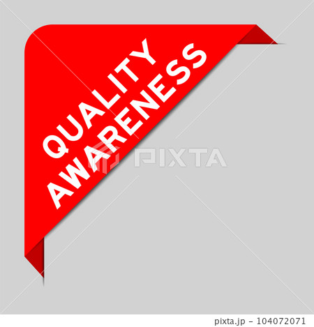 Red color of corner label banner with word quality awareness on gray background 104072071