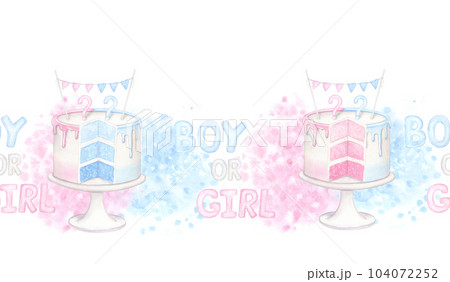 Seamless border pattern boy or girl. Cake with blue pink filling. Hand drawn watercolor illustration isolated on white background. For gender reveal party, baby shower, children's holiday 104072252