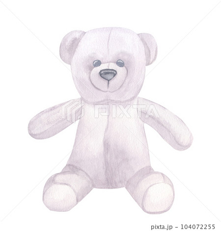 Gray teddy bear, toy for baby girl boy. Hand drawn watercolor illustration isolated on white background. Collection gender reveal party, baby shower Gray teddy bear, toy for baby girl boy. Hand drawn watercolor illustration isolated on white background. Collection gender reveal party, baby shower 104072255