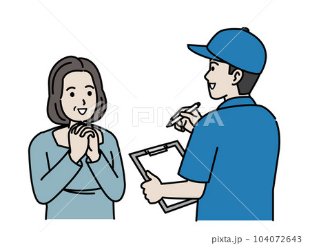 引っ越し業者、リサイクル業者に依頼をする中年の女性 引っ越し業者、リサイクル業者に依頼をする中年の女性 104072643