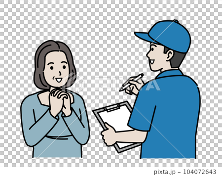 引っ越し業者、リサイクル業者に依頼をする中年の女性 引っ越し業者、リサイクル業者に依頼をする中年の女性 104072643