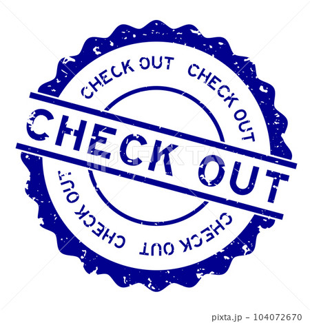 Grunge blue check out word round rubber seal stamp on white background 104072670