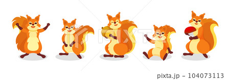 Cute Red Squirrel Character with Bushy Tail Engaged in Different Activity Vector Set 104073113