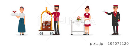 Man and Woman Hotel Staff with Maid, Doorman and Waitress Vector Set Man and Woman Hotel Staff with Maid, Doorman and Waitress Vector Set 104073120