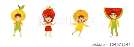 Funny Children in Fruit Costumes Having Fun Vector Set. 104073144
