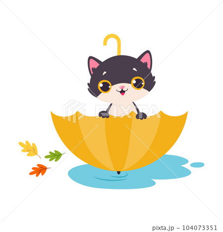 Funny Autumn Black Cat Sitting in Open Umbrella Vector Illustration 104073351