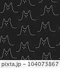 Seamless pattern with hand drawn cute cat face doodle style, vector illustration on black background. Decorative design for wrapping or packaging, one white line, funny character 104073867