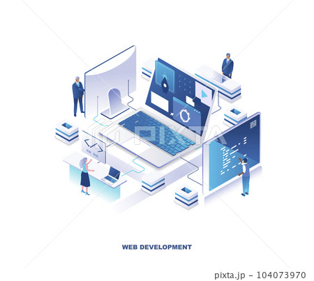 Front-end and back-end isometric scene. Concept with programmers or coders working on computers around giant laptop. Modern vector illustration for website. Front-end and back-end isometric scene. Concept with programmers or coders working on computers around giant laptop. Modern vector illustration for website. 104073970