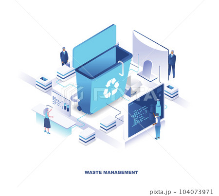 Waste management isometric scene. Concept with tiny people stand around giant trash bin and sorting garbage. Modern vector illustration for website. 104073971