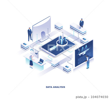 Data analysis isometric scene. Concept with tiny people analyzing information on giant computers placed around diagram in center. Modern vector illustration. 104074030