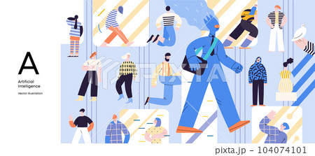 Artificial intelligence, AI and humanity -modern flat vector concept illustration of AI character walking among people in everyday life. Metaphor of AI advantage, benefit, friendliness concept Artificial intelligence, AI and humanity -modern flat vector concept illustration of AI character walking among people in everyday life. Metaphor of AI advantage, benefit, friendliness concept 104074101