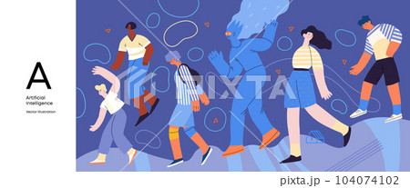 Artificial intelligence, AI and humanity -modern flat vector concept illustration of AI character walking among people in everyday life. Metaphor of AI advantage, benefit, friendliness concept Artificial intelligence, AI and humanity -modern flat vector concept illustration of AI character walking among people in everyday life. Metaphor of AI advantage, benefit, friendliness concept 104074102