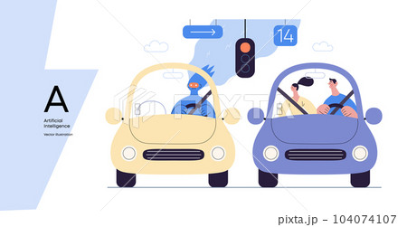 Artificial intelligence, Driving -modern flat vector concept illustration of An artificial intelligence-controlled car. Metaphor of autonomous vehicle, AI superiority and dominance concept Artificial intelligence, Driving -modern flat vector concept illustration of An artificial intelligence-controlled car. Metaphor of autonomous vehicle, AI superiority and dominance concept 104074107