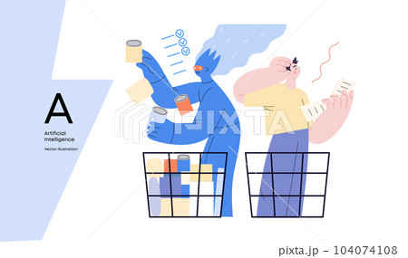 Artificial intelligence, Shopping -modern flat vector concept illustration of AI effectively choosing groceries and man having difficultiy. Metaphor of AI advantage, superiority and dominance concept 104074108