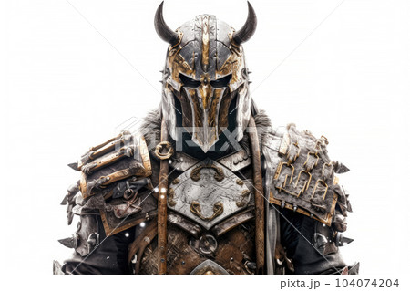 Portrait of medieval Scandinavian or Viking warrior with armor and helmet costume isolated on white background, epic fantasy world, with Generative Ai. 104074204
