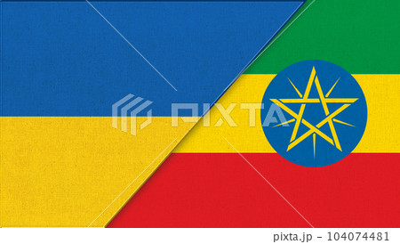 Flag of Ukraine and Ethiopia - 3D illustration. Ukrainian and Ethiopian relations 104074481