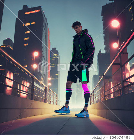 Immerse in the dynamic urban energy with a fashion-forward athlete. Perfect for fitness publications and projects seeking a trendy, active vibe. 104074493