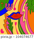 Bright colorful hand drawn abstraction with lines and lips doodle style, vector illustration. Decorative design, outline retro abstraction, leaves and shapes 104074677