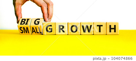Big or small growth symbol. Businessman turns wooden cubes and changes words Small growth to Big growth. Beautiful yellow table white background, copy space. Business big or small growth concept. 104074866