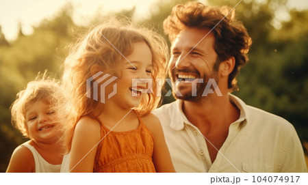 A portrait of a father with his daughters, happy family, parent time, banner, insurance concept A portrait of a father with his daughters, happy family, parent time, banner, insurance concept 104074917