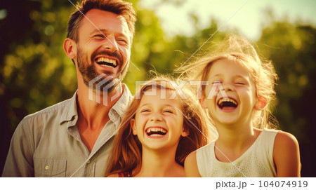 A portrait of a father with his daughters, happy family, parent time, banner, insurance concept A portrait of a father with his daughters, happy family, parent time, banner, insurance concept 104074919