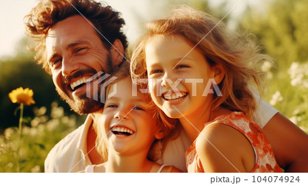 A portrait of a father with his daughters, happy family, parent time, banner, insurance concept A portrait of a father with his daughters, happy family, parent time, banner, insurance concept 104074924