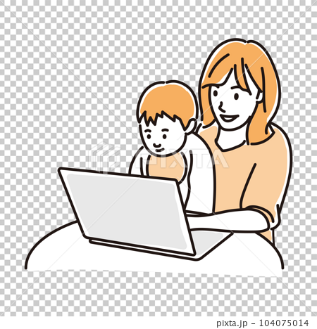 幼児を抱っこしながらパソコンに向かうママ 104075014