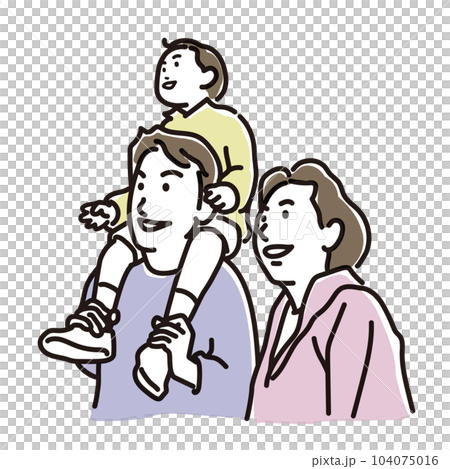 Dad carrying a child on his shoulders and mom snuggling up 104075016