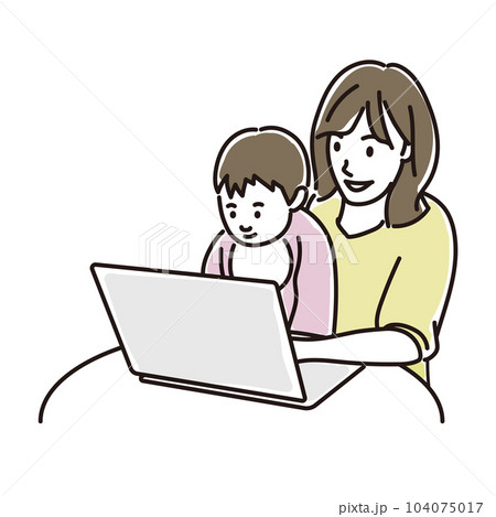 幼児を抱っこしながらパソコンに向かうママ 104075017