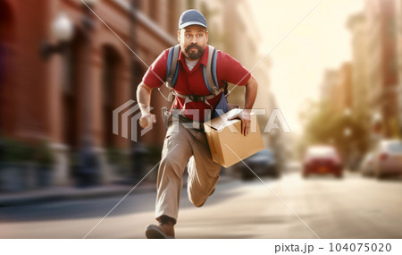 Picturing a running parcel delivery man, a postal concept, modern mail delivery Picturing a running parcel delivery man, a postal concept, modern mail delivery 104075020