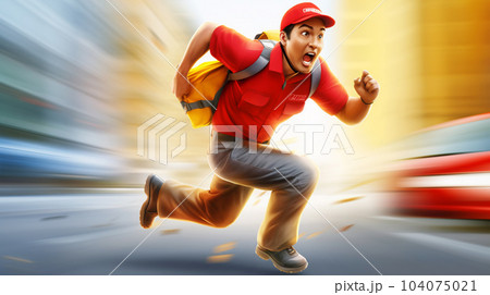 Picturing a running parcel delivery man, a postal concept, modern mail delivery Picturing a running parcel delivery man, a postal concept, modern mail delivery 104075021