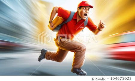 Picturing a running parcel delivery man, a postal concept, modern mail delivery 104075022