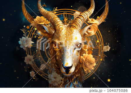 Zodiac sign of Capricorn, goat and horoscope wheel on sky background 104075086