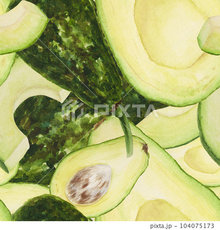 Seamless pattern of avocado watercolor hand drawn realistic illustrations. Green and fresh arts of salad, sauce, guacamole, smoothie ingredient. For textile, menu, cards, paper, package design Seamless pattern of avocado watercolor hand drawn realistic illustrations. Green and fresh arts of salad, sauce, guacamole, smoothie ingredient. For textile, menu, cards, paper, package design 104075173