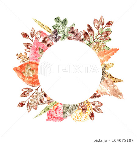 Frame of colorful autumn leaves imprints isolated on white background. Watercolor illustration of fall dry leaves with space for text. For greetings, invitation design, templates, cards Frame of colorful autumn leaves imprints isolated on white background. Watercolor illustration of fall dry leaves with space for text. For greetings, invitation design, templates, cards 104075187
