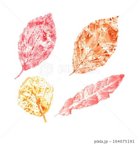 Imprints of autumn leaves in orange, yellow, pink colors isolated on white background. Set of fall dry leaves. Watercolor illustration of colorful leaf forms for posters, texture, frame, cards 104075191